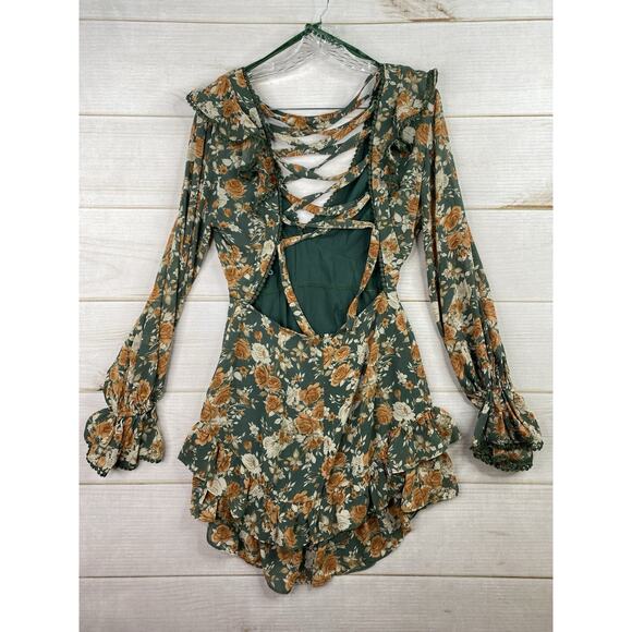 Saints + Secrets Dress M Green Floral Deep V Mini Long Slv Open Lace Up Ruffle - Picture 10 of 11